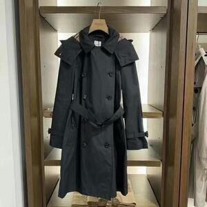 Burberry Black Midi Trench Coat Removable Hood Size 8